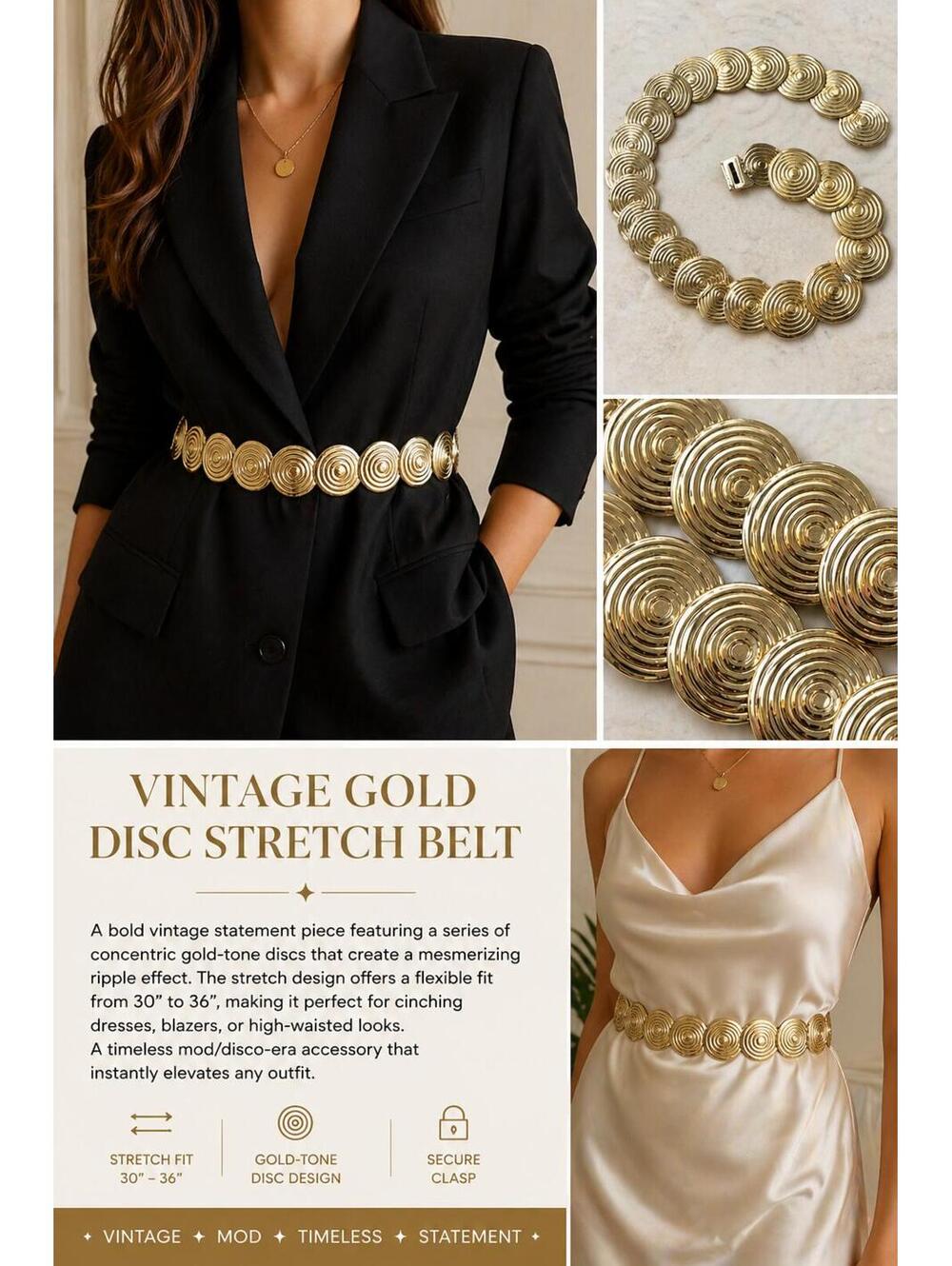 Vintage 80s/90s Gold Disc Stretch Belt Mod Disco 30"-36"